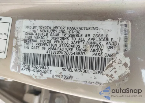 2002 Toyota Camry Le z USA, uszkodzony, nr VIN 4T1BE32K22U545537